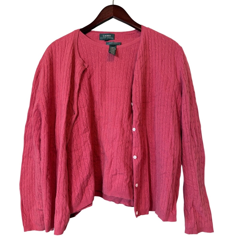 Lauren Sweater Women's XL Vtg Merino Wool Set Cable Knit Angora Cashmere Salmon